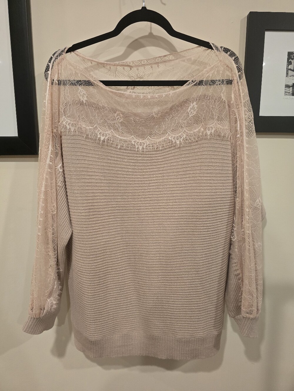 SHEIN Lace Yoke Off-Shoulder Sweater - Blush